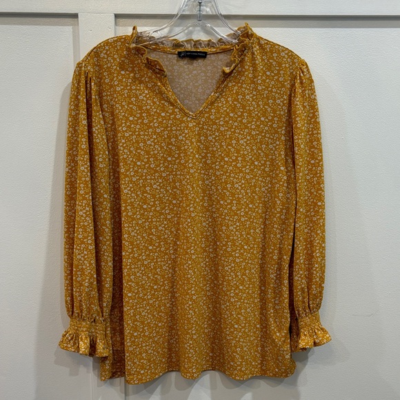 Adrianna Papell Tops - Adrianna Papell Mustard Yellow Floral Ruffle-Trim V-Neck Blouse